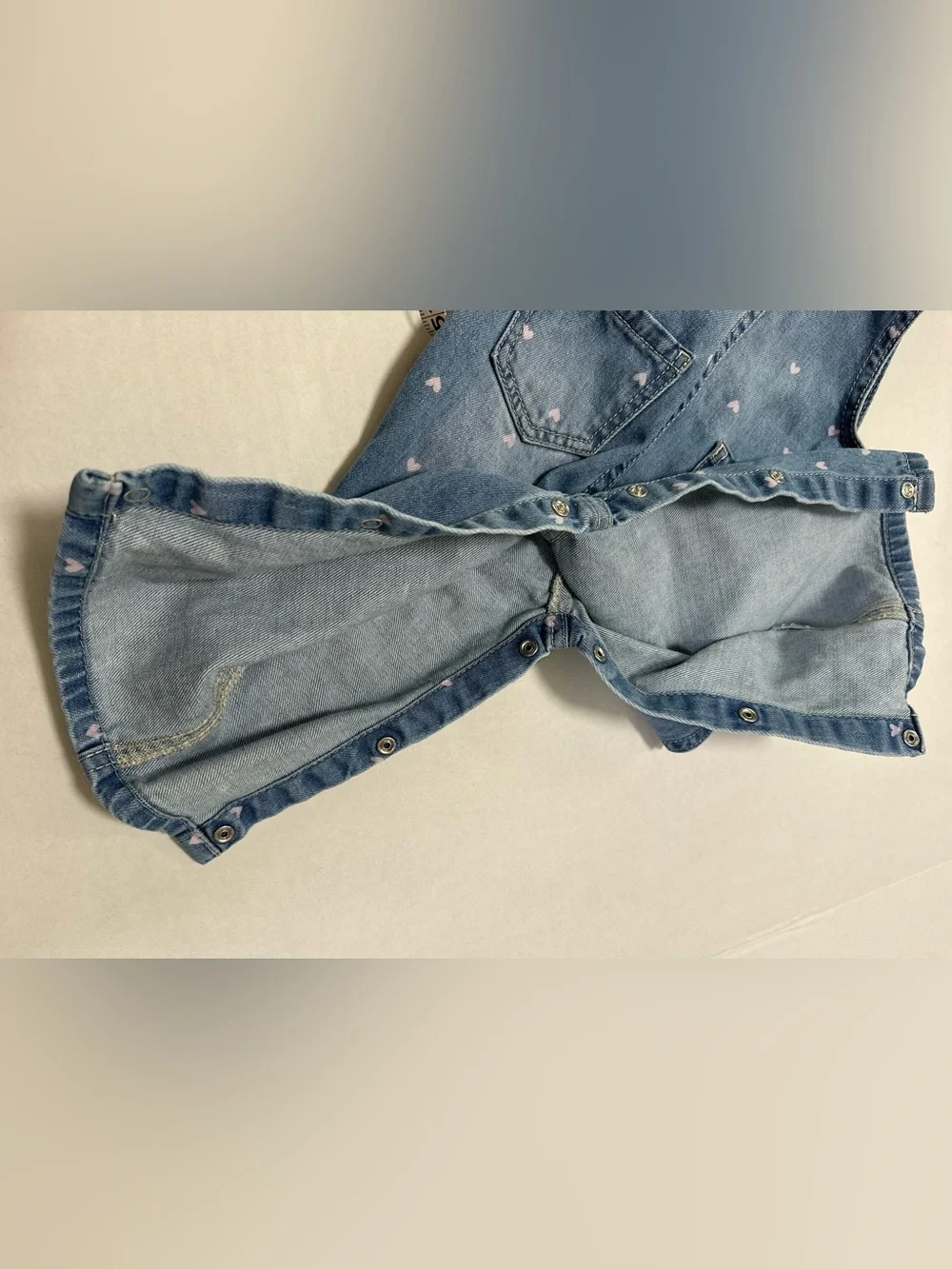 OshKosh 9mo Denim Heart Print Overalls Light Blue with Pink Hearts Heart Pocket